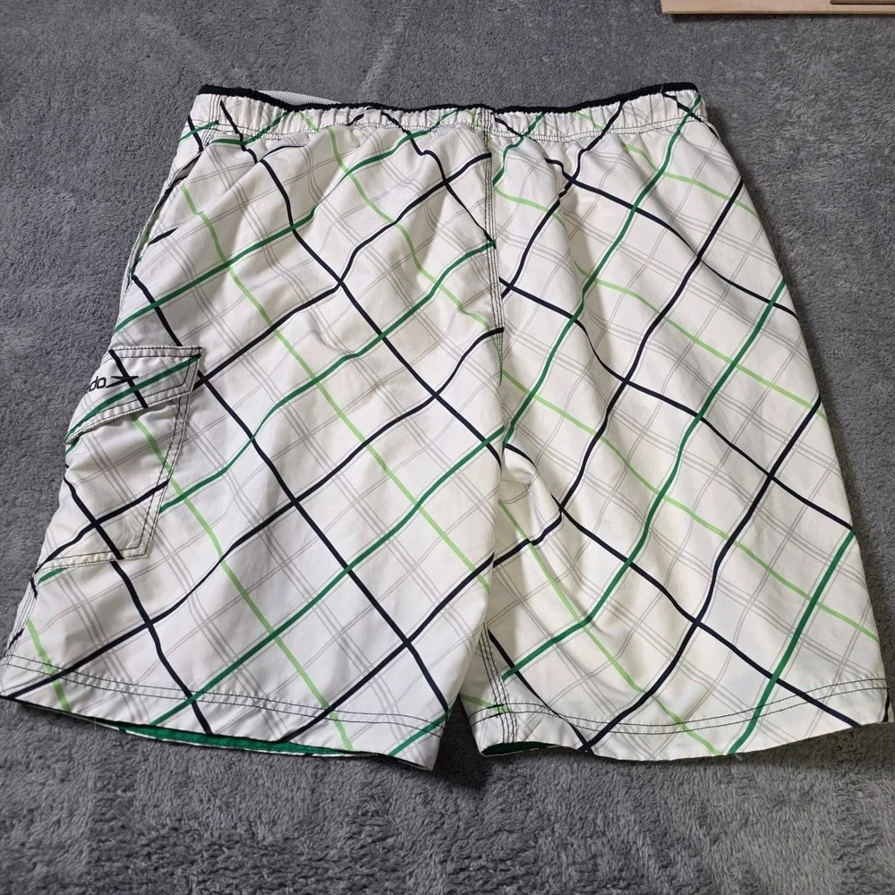 Speedo Mens XL Board Shorts White Green‎ Navy Plaid Cargo Pocket Mesh Lined Swim